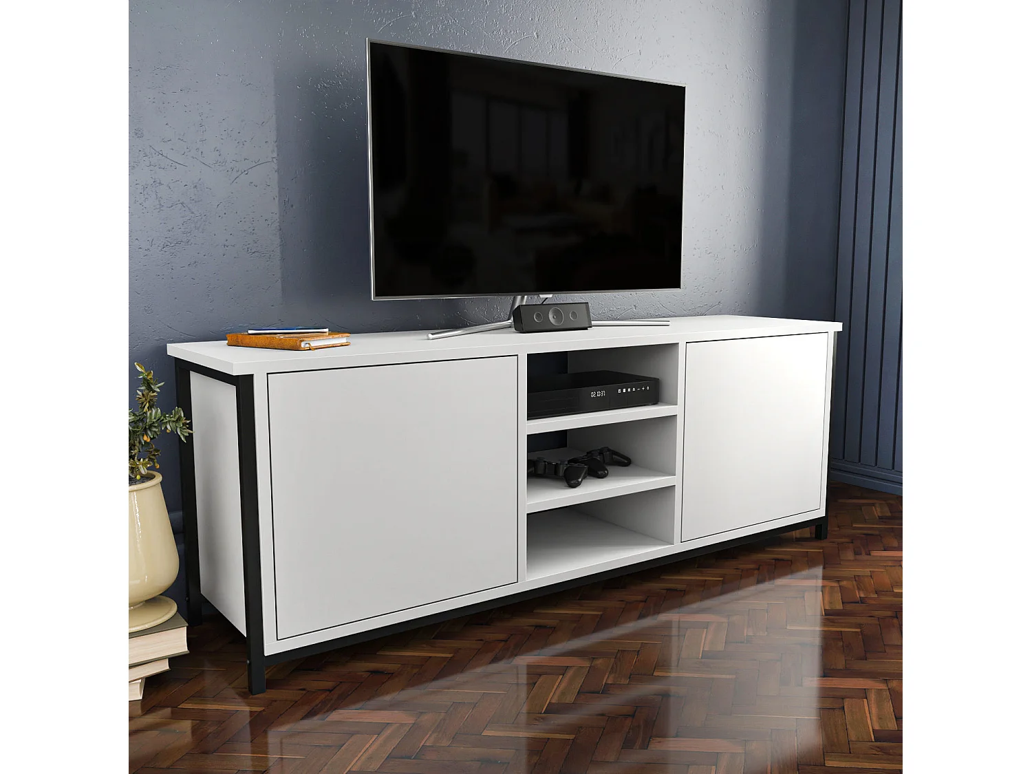 Meuble TV 2 portes 2 étagères acier noir et bois blanc Klazika 140cm