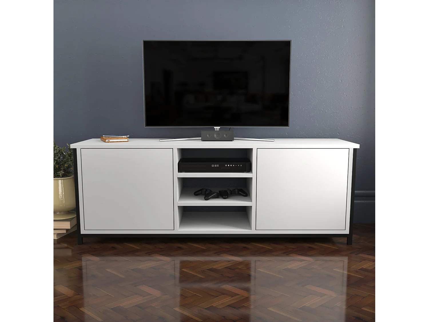 Meuble TV 2 portes 2 étagères acier noir et bois blanc Klazika 140cm