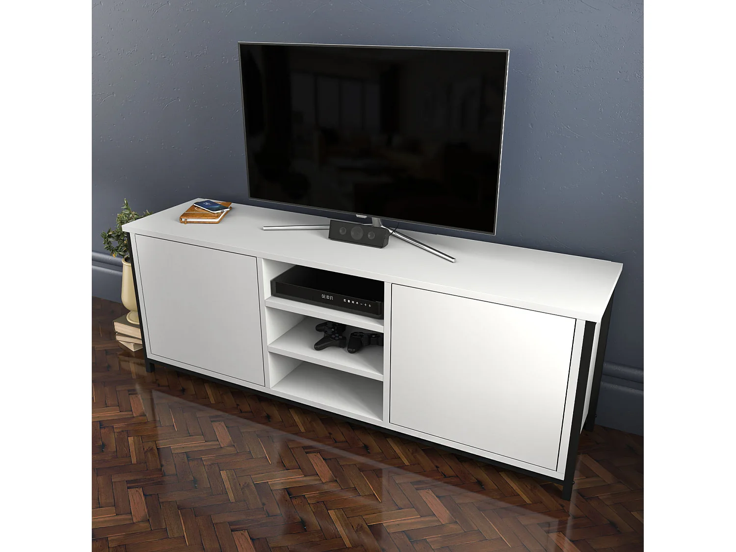 Meuble TV 2 portes 2 étagères acier noir et bois blanc Klazika 140cm