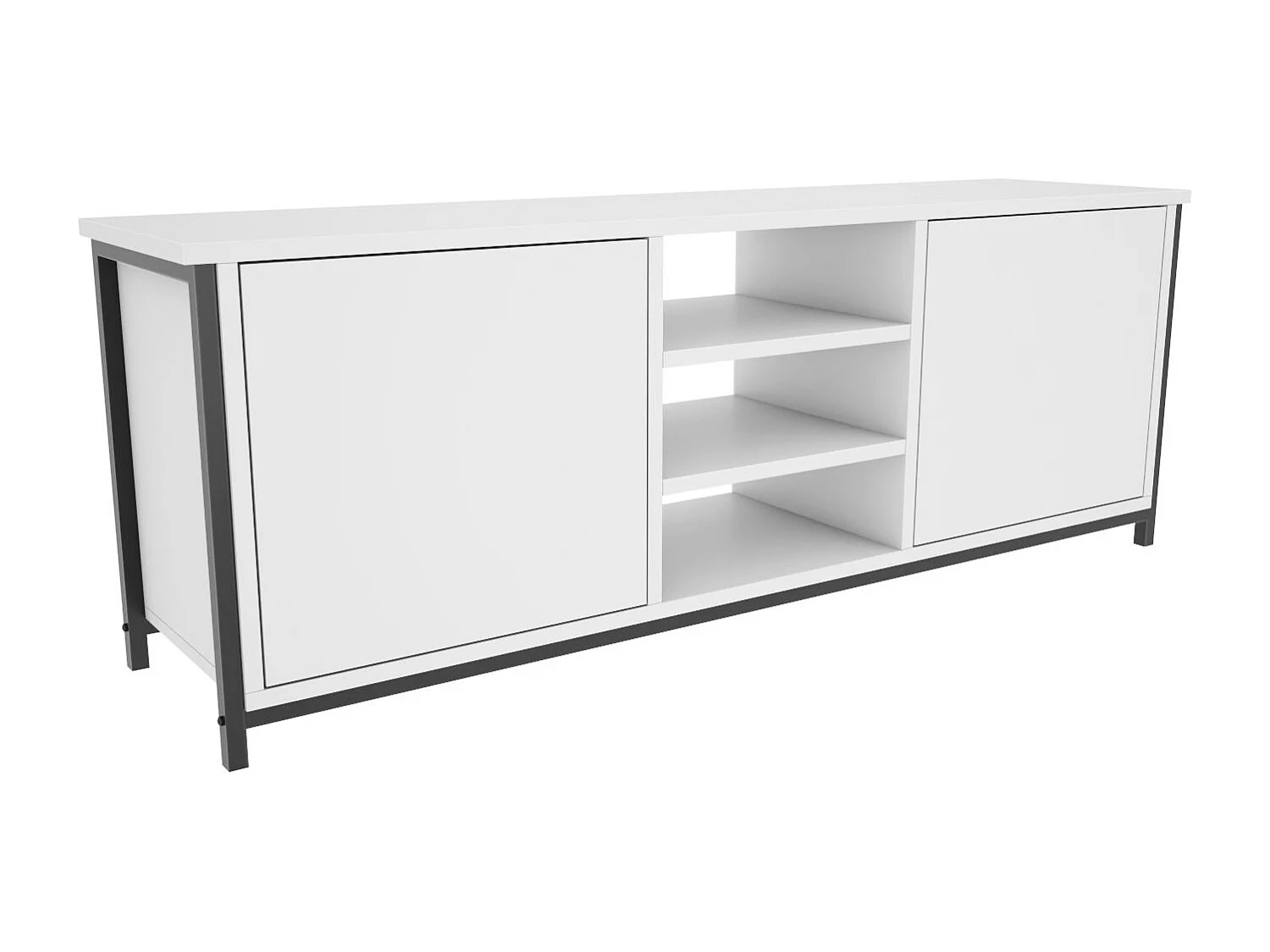 Meuble TV 2 portes 2 étagères acier noir et bois blanc Klazika 140cm