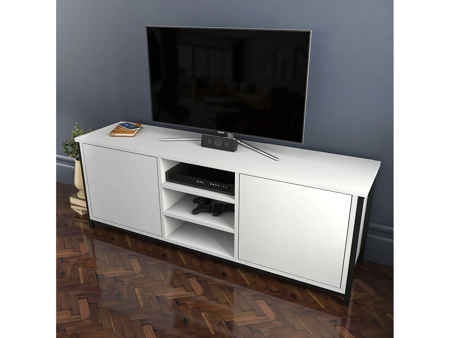 Meuble TV 2 portes 2 étagères acier noir et bois blanc Klazika 140cm