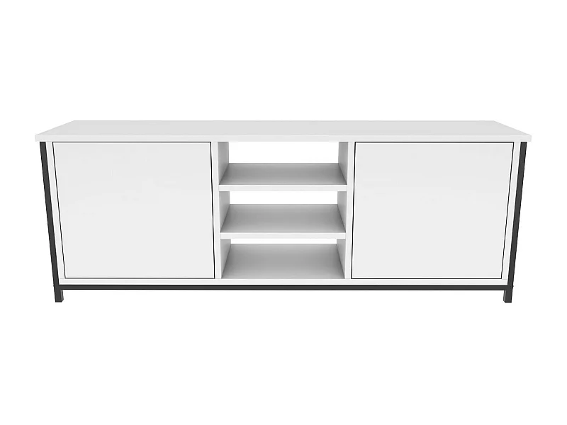Meuble TV 2 portes 2 étagères acier noir et bois blanc Klazika 140cm