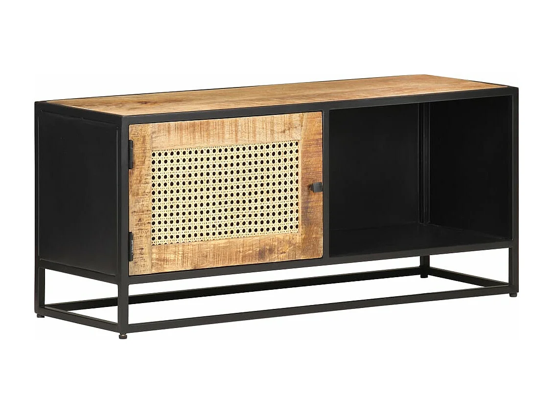 Meuble TV 90x30x40 Bois de manguier brut et canne naturelle