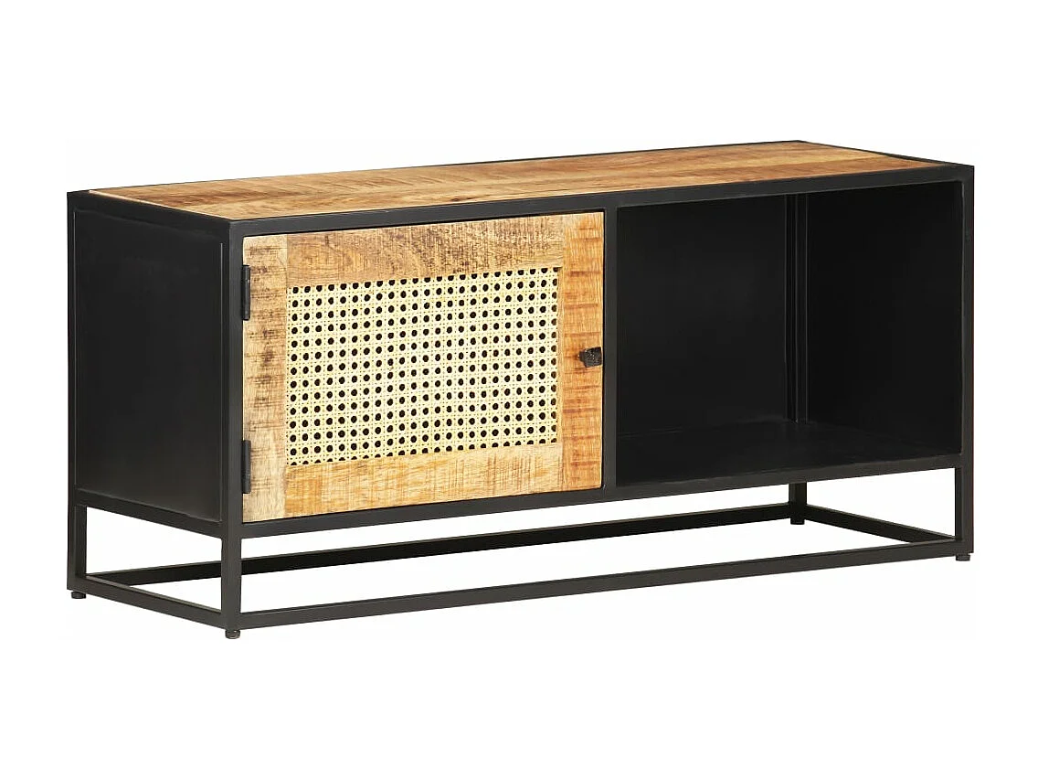 Meuble TV 90x30x40 Bois de manguier brut et canne naturelle