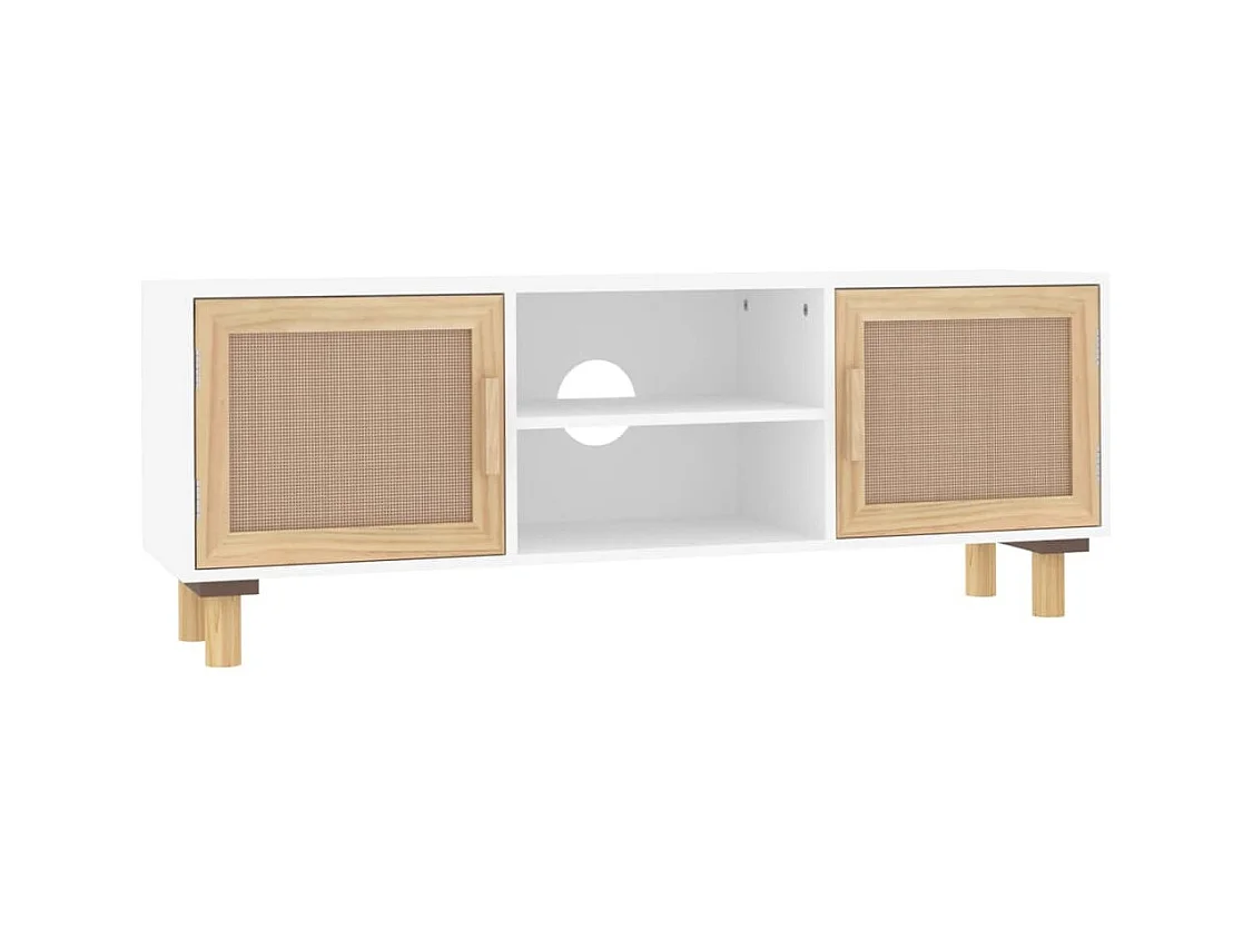 Meuble TV en bois 2 portes en Rotin naturel 105cm - Modèle Kaliga-Couleur Blanc