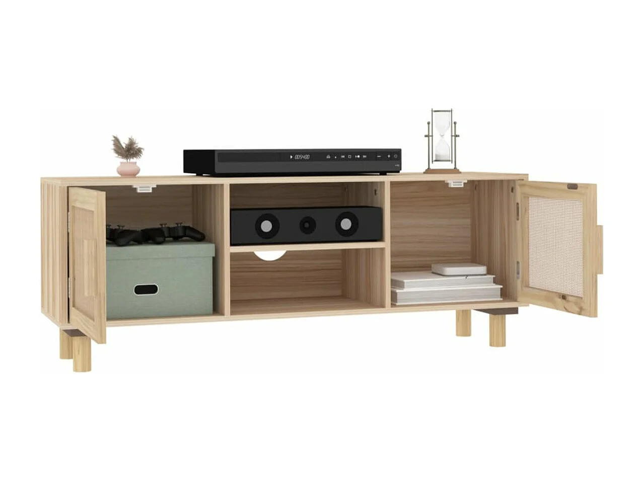 Meuble TV en bois 2 portes en Rotin naturel 105cm - Modèle Kaliga-Couleur Blanc