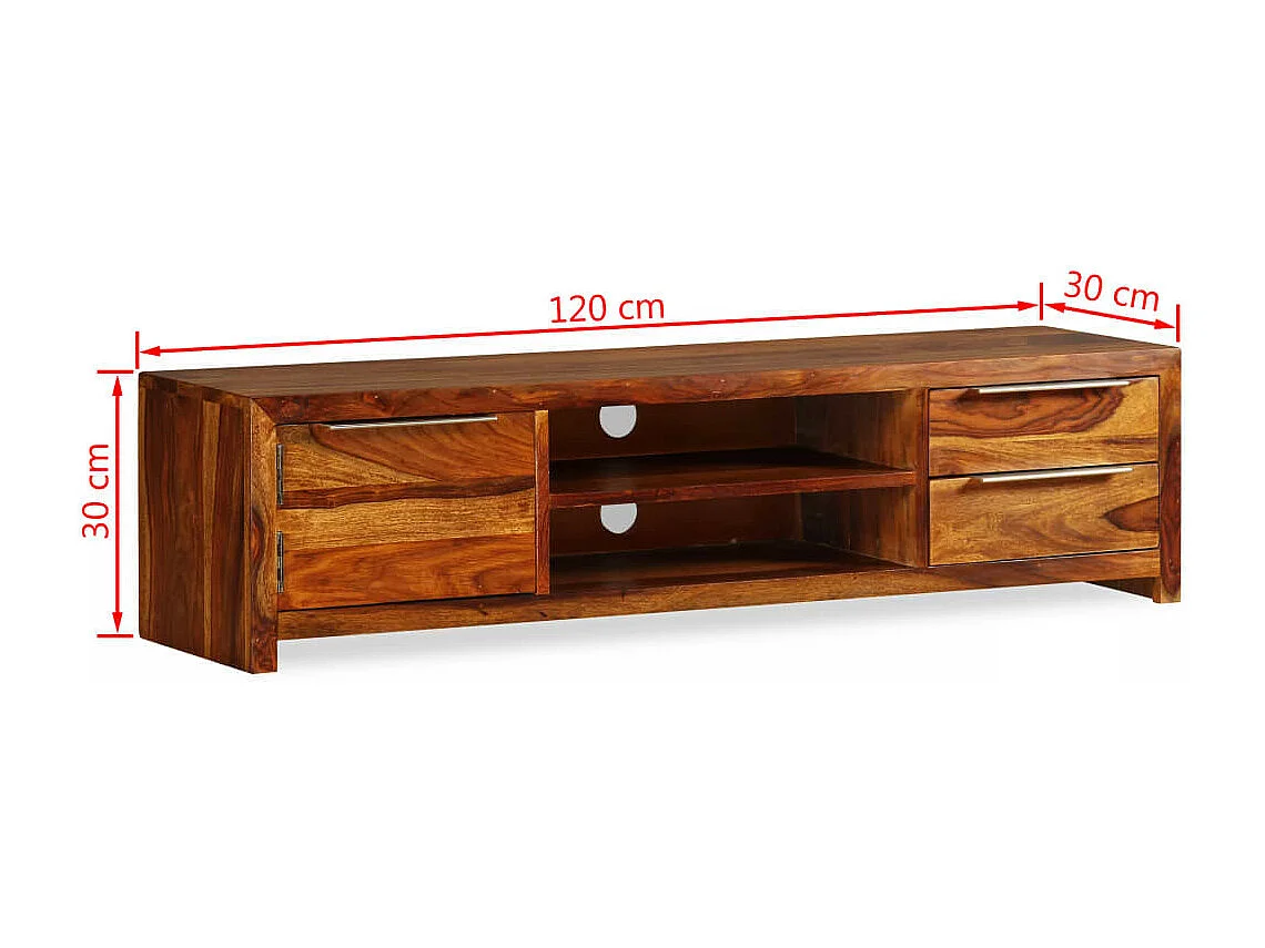 Meuble TV 1 porte 2 niche 2 tiroirs bois massif sesham Tropika 120cm