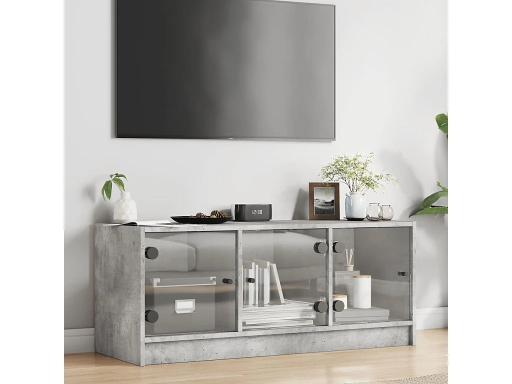 Meuble TV avec portes en verre gris béton 102x37x42