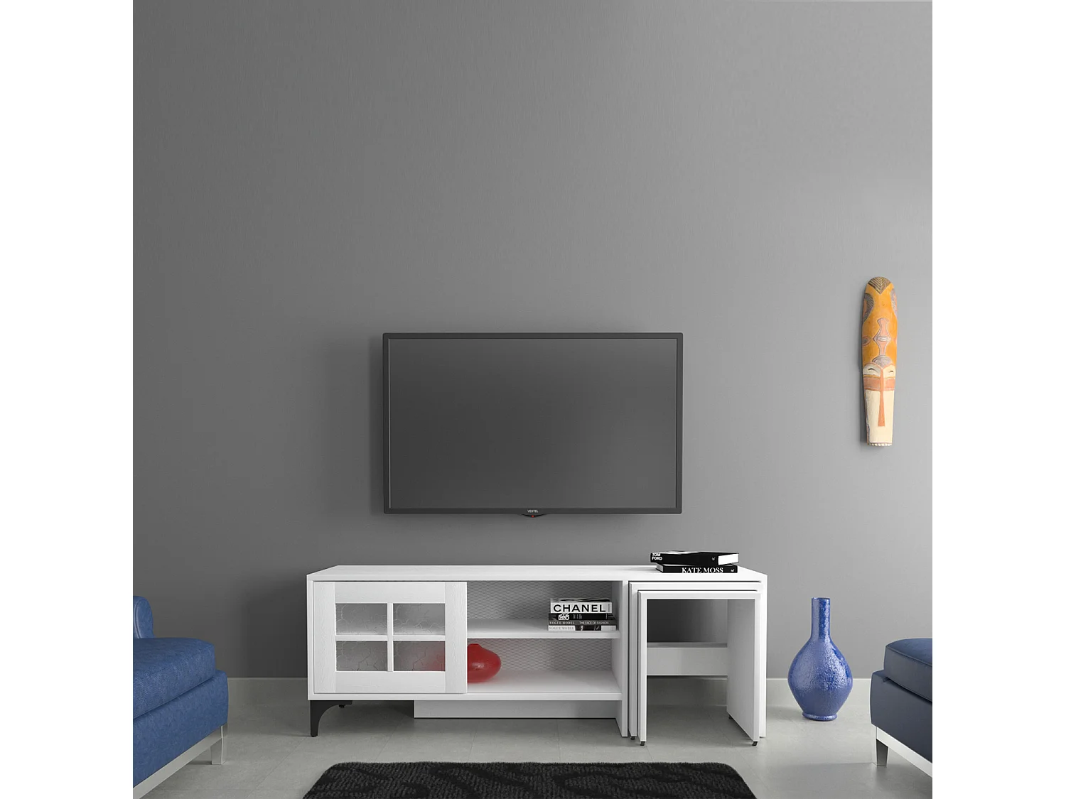Meuble TV et 2 tables gigognes bois blanc Riko 150cm
