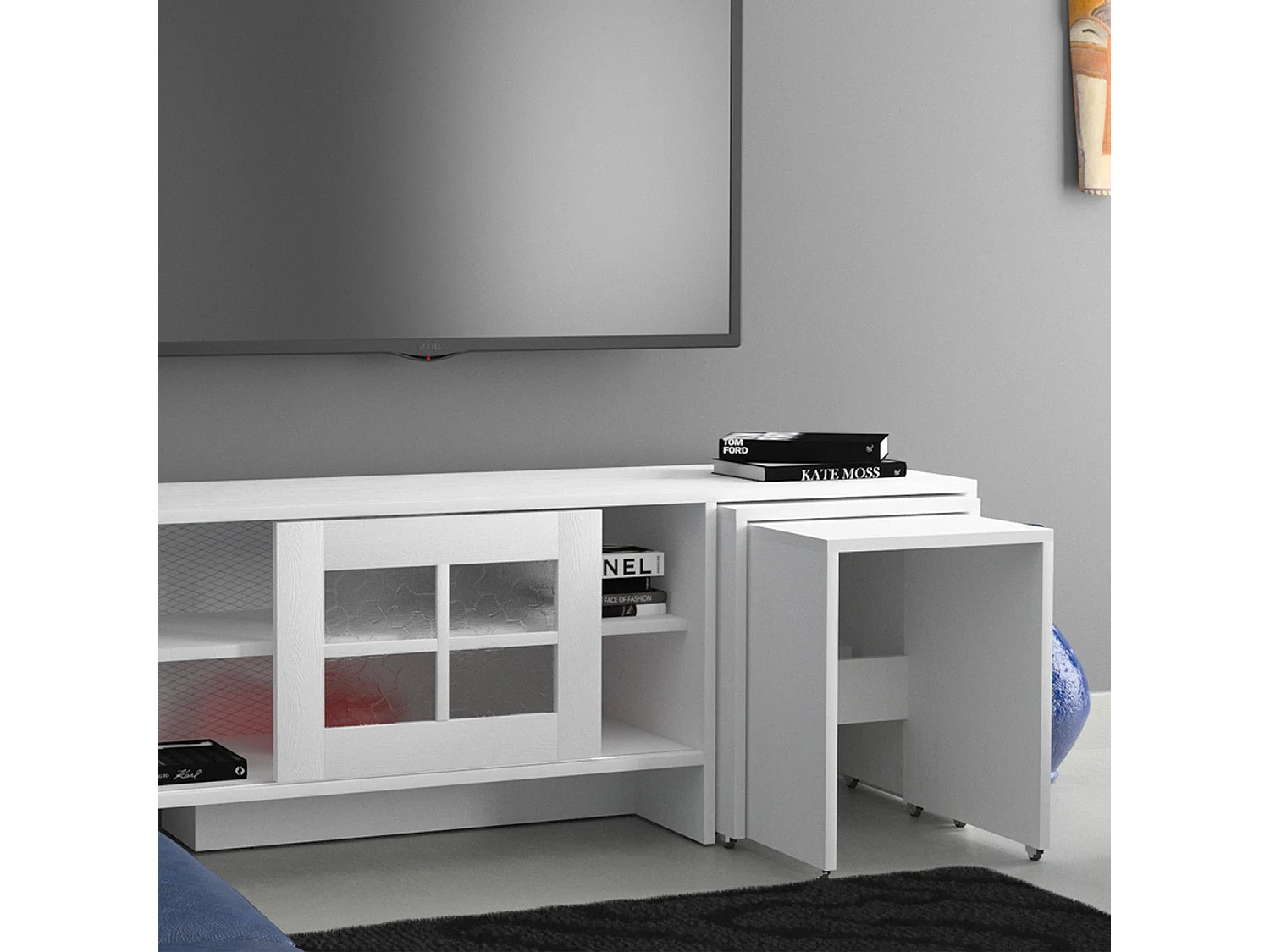 Meuble TV et 2 tables gigognes bois blanc Riko 150cm