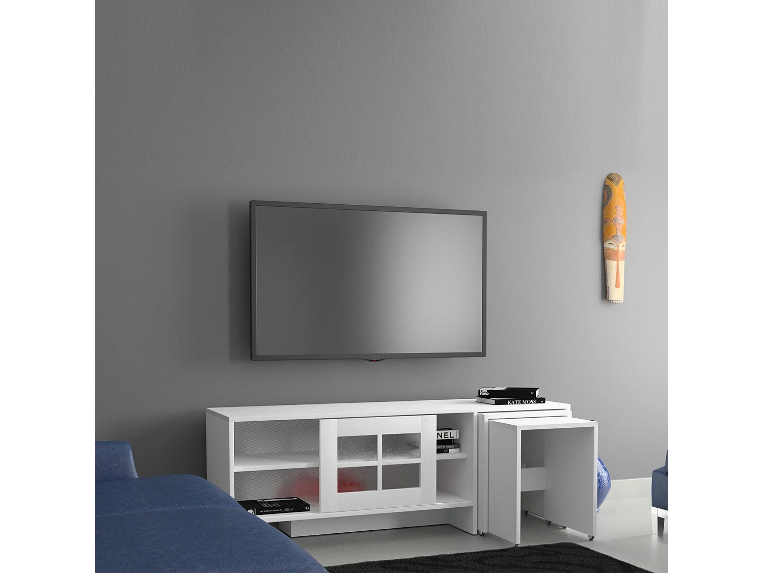 Meuble TV et 2 tables gigognes bois blanc Riko 150cm