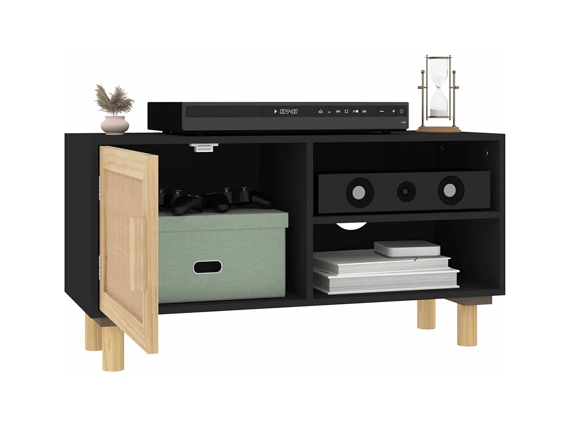 Petit meuble TV en bois 1 porte en Rotin naturel 80cm - Modèle Kaliga-Couleur Noir