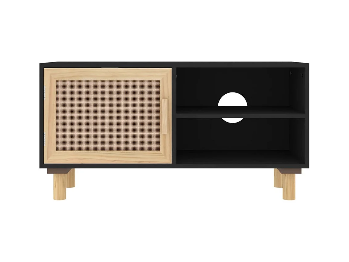 Petit meuble TV en bois 1 porte en Rotin naturel 80cm - Modèle Kaliga-Couleur Noir