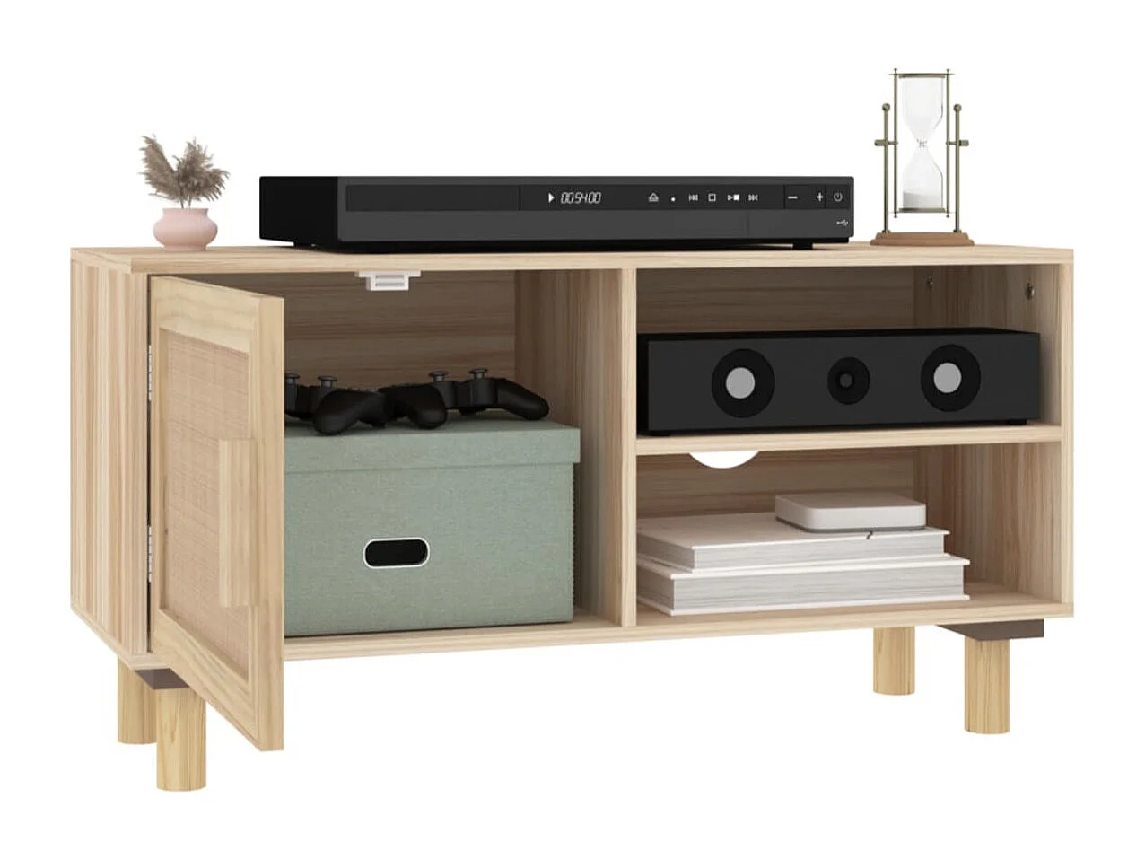 Petit meuble TV en bois 1 porte en Rotin naturel 80cm - Modèle Kaliga-Couleur Noir