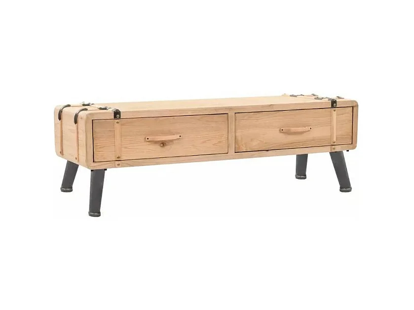 Meuble TV 2 tiroirs pin massif clair et pieds métal noir Stylie