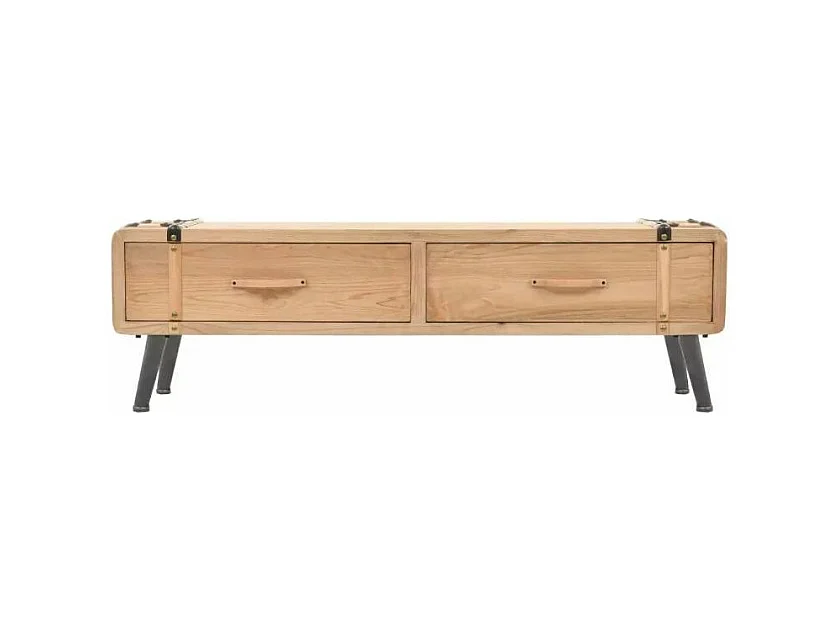 Meuble TV 2 tiroirs pin massif clair et pieds métal noir Stylie