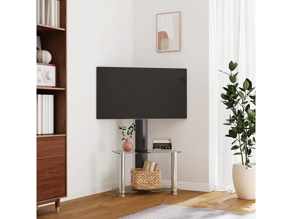 Meuble TV d'angle 2 niveaux pour 32-70 pouces noir argenté