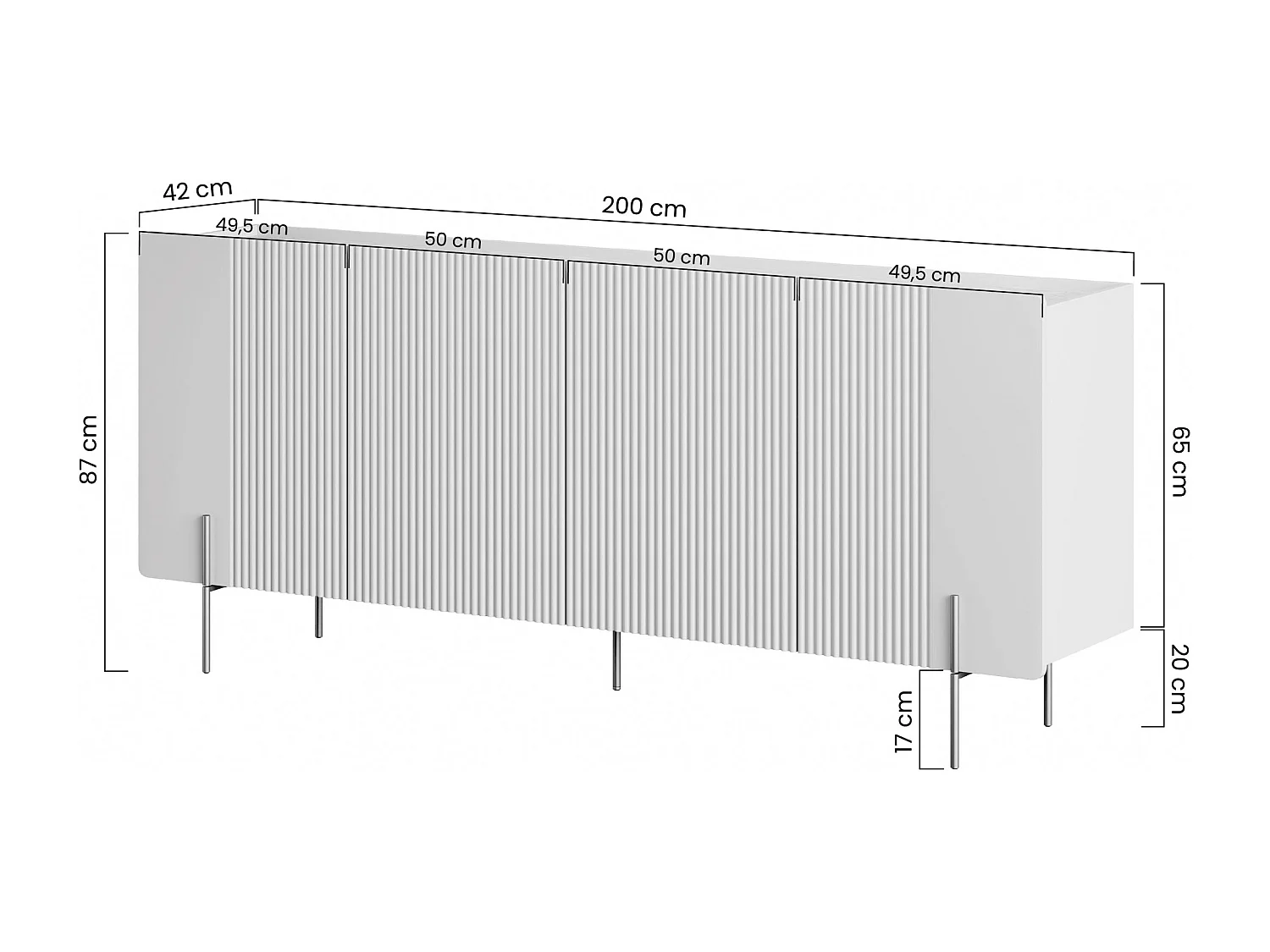 4-deurs buffetkast met metalen kasjmier voet 200x87 cm