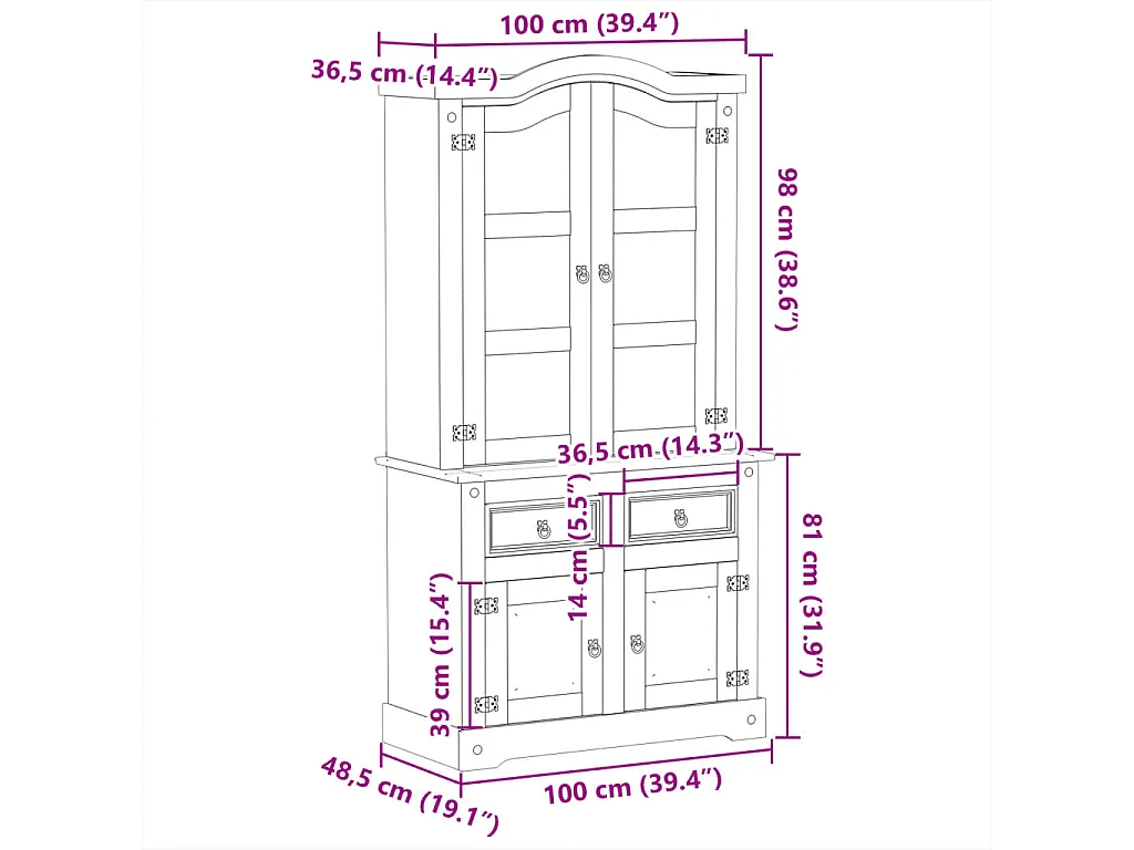 Vitrine en verre Corona 100x48,5x179 bois massif de pin