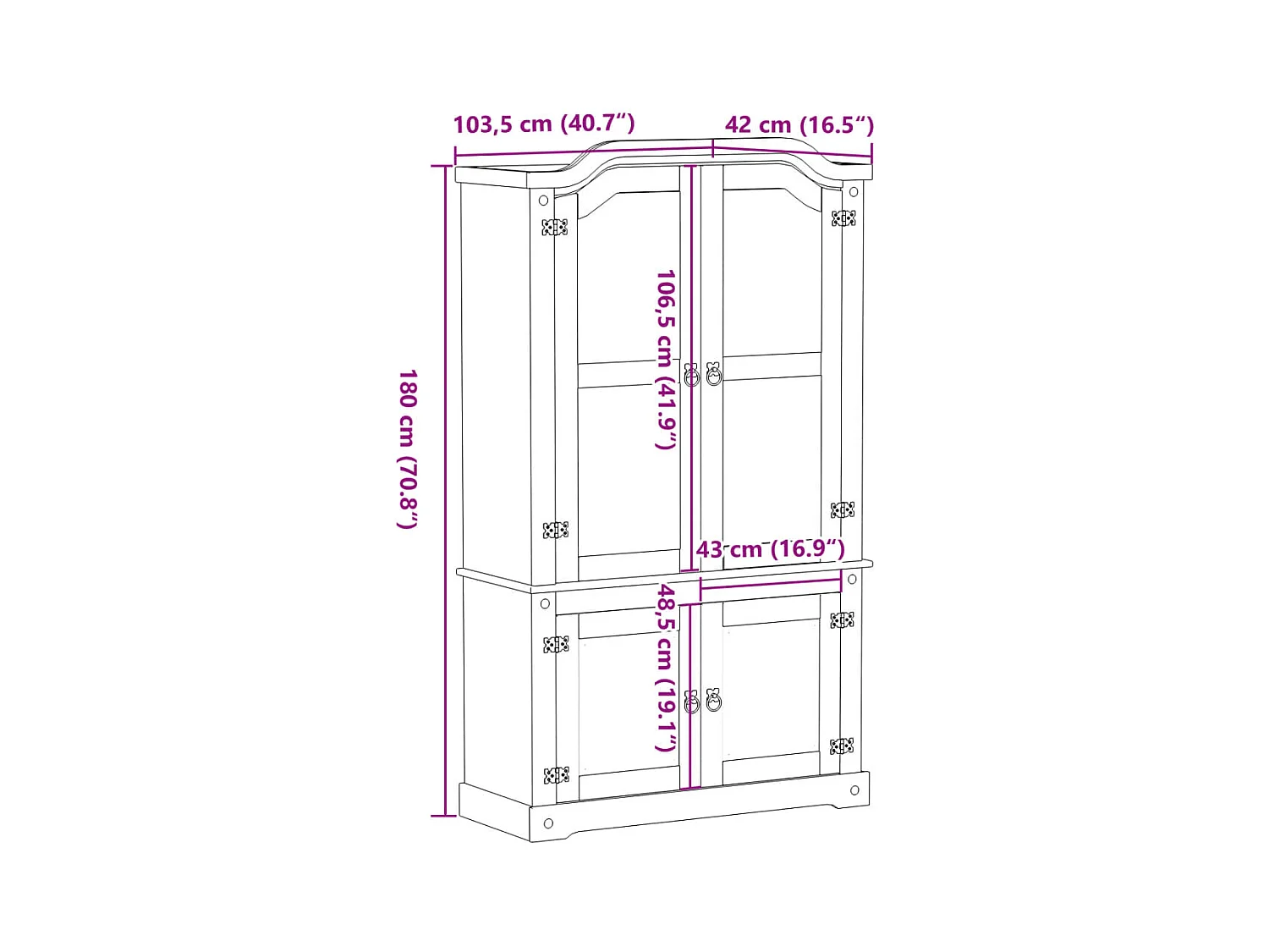 Vitrine en verre Corona 103,5x42x180 bois de pin massif