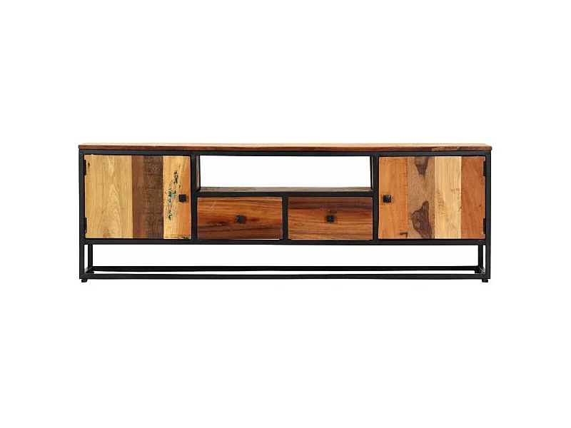 Meuble TV 2 portes 2 tiroirs bois massif recyclé et métal noir Souly