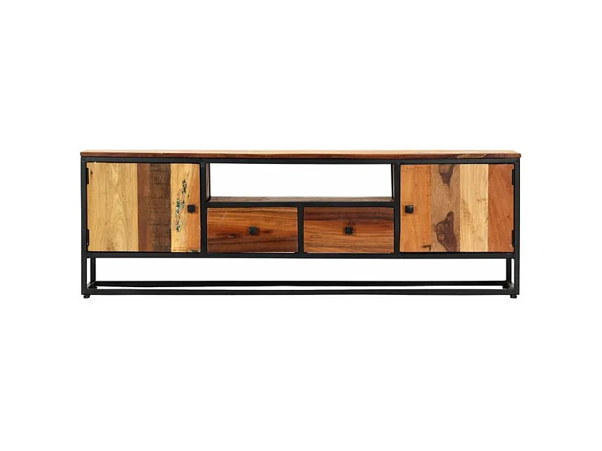 Meuble TV 2 portes 2 tiroirs bois massif recyclé et métal noir Souly