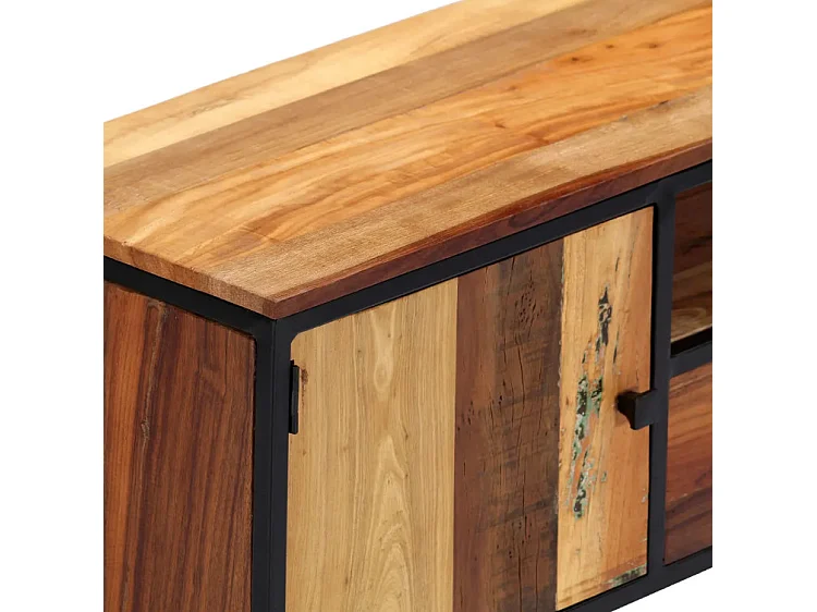 Meuble TV 2 portes 2 tiroirs bois massif recyclé et métal noir Souly