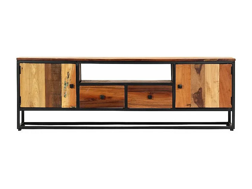 Meuble TV 2 portes 2 tiroirs bois massif recyclé et métal noir Souly