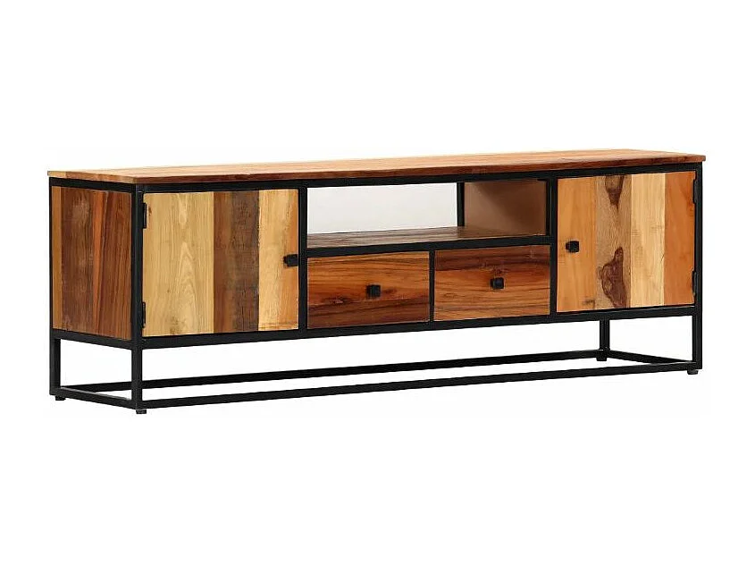 Meuble TV 2 portes 2 tiroirs bois massif recyclé et métal noir Souly