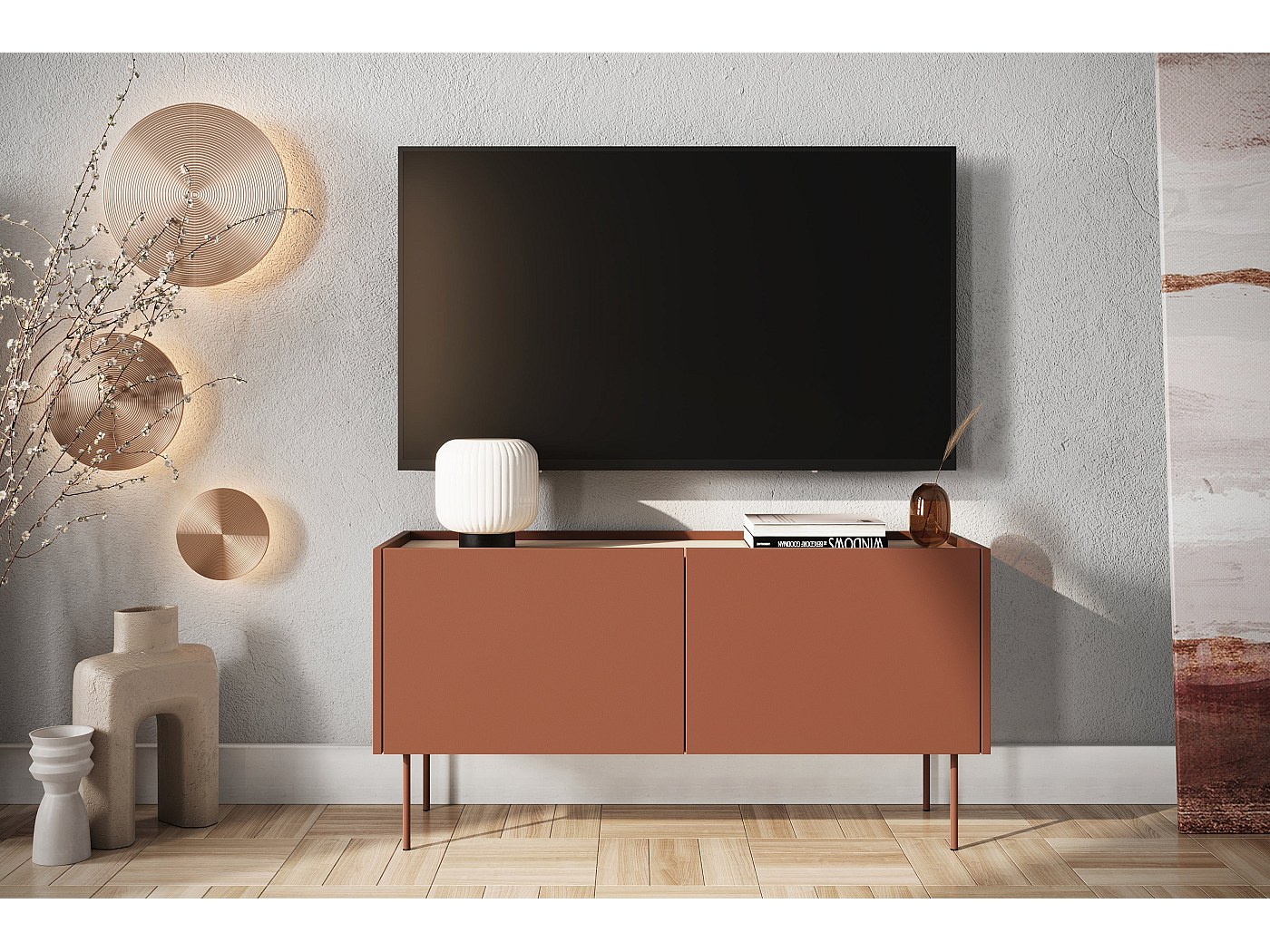 Mobile TV In Acciaio Nero 120x40x55 Cm – 2 Ante Traforate E 2 Scomparti Aperti, Foro Passacavi, Versatile Per Soggiorno E Ufficio - 6