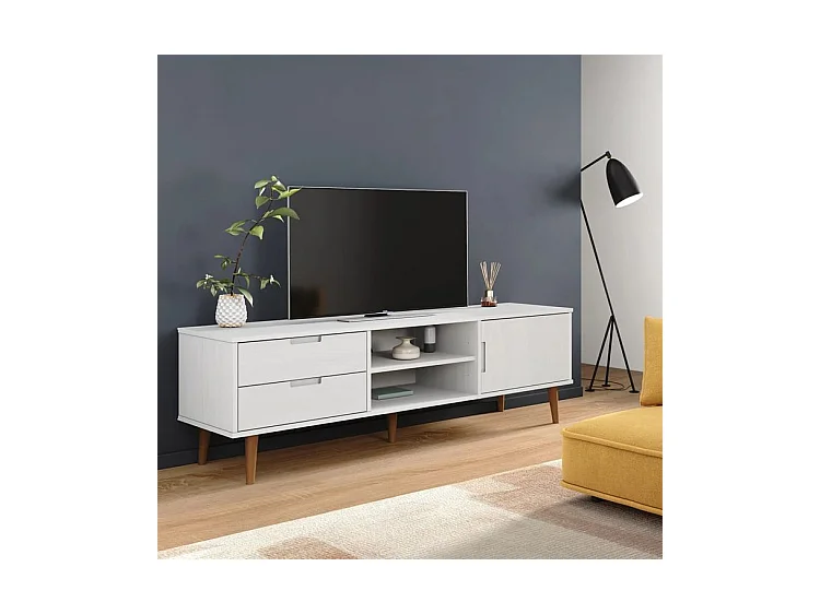 Meuble TV MOLDE Blanc 158x40x49 Bois de pin massif
