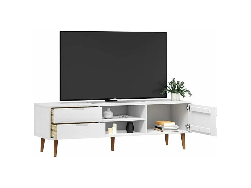 Meuble TV MOLDE Blanc 158x40x49 Bois de pin massif