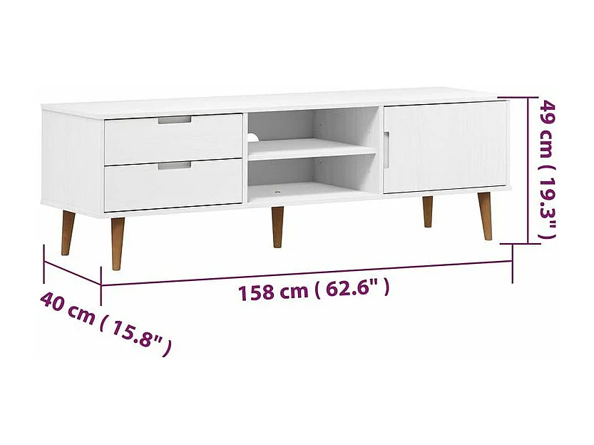 Meuble TV MOLDE Blanc 158x40x49 Bois de pin massif