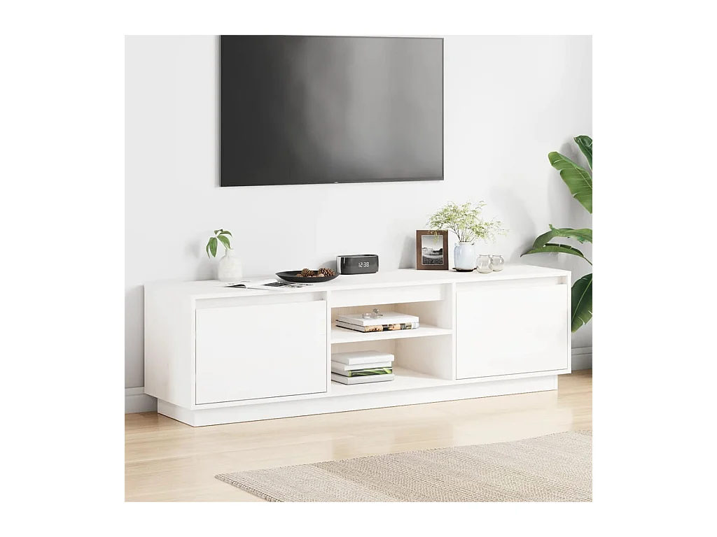 Meuble TV Blanc 140x35x40 Bois de pin massif