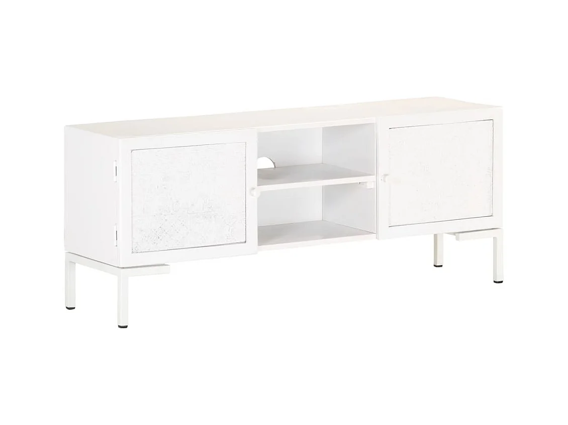 Meuble TV Blanc 115x30x46 Bois massif de manguier