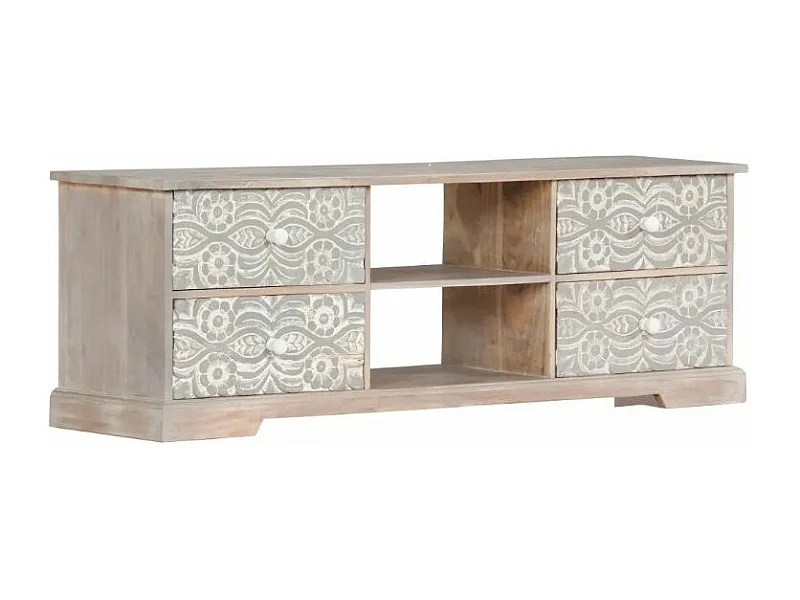 Meuble TV 4 tiroirs acacia massif blanc et gris brossé Mulko