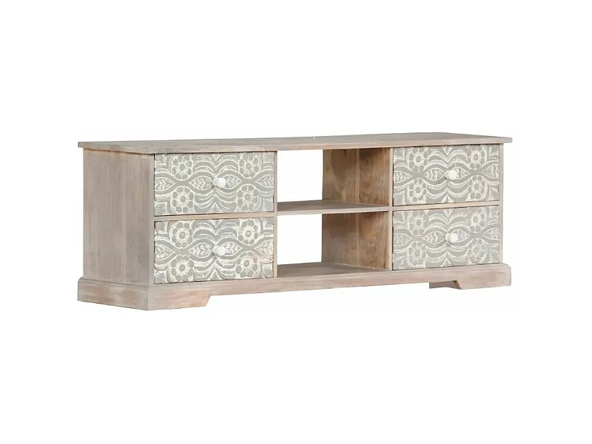 Meuble TV 4 tiroirs acacia massif blanc et gris brossé Mulko