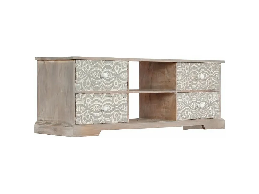 Meuble TV 4 tiroirs acacia massif blanc et gris brossé Mulko