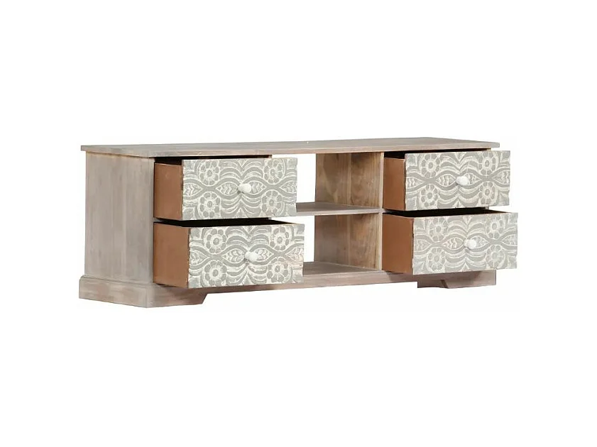 Meuble TV 4 tiroirs acacia massif blanc et gris brossé Mulko