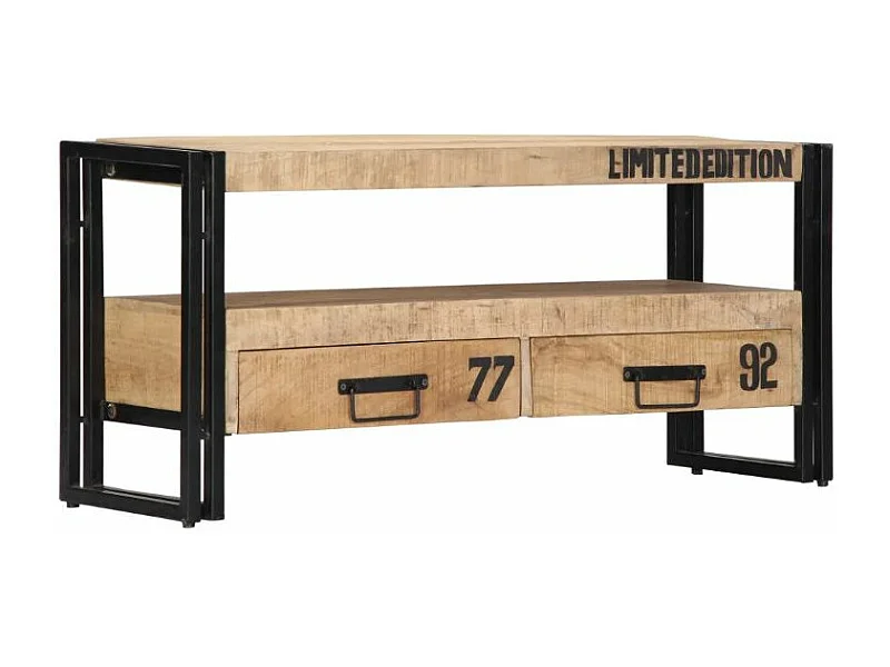 Meuble TV 2 tiroirs manguier massif clair et métal noir Grey