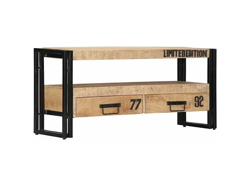 Meuble TV 2 tiroirs manguier massif clair et métal noir Grey