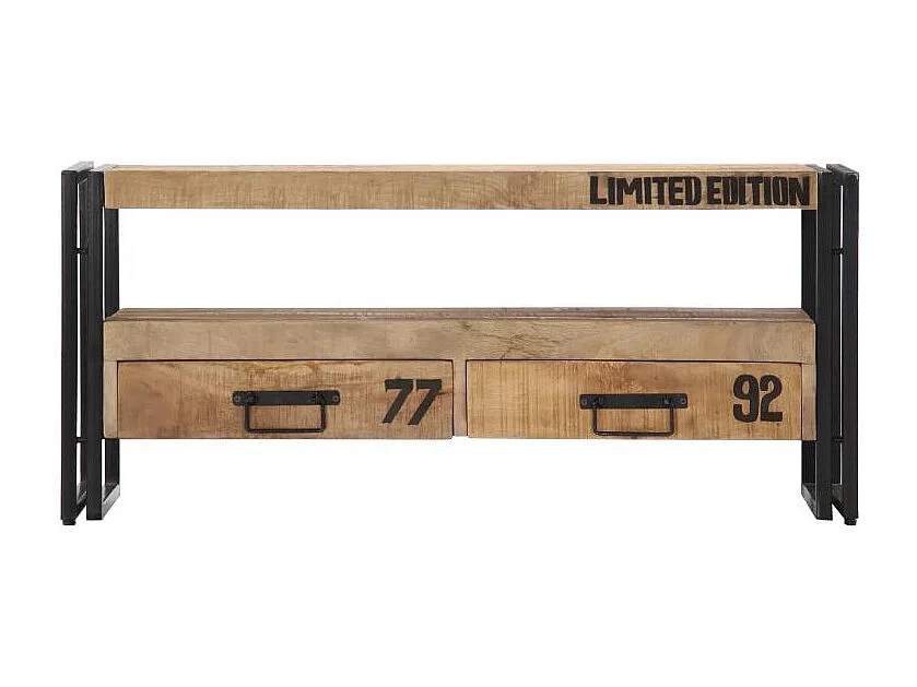 Meuble TV 2 tiroirs manguier massif clair et métal noir Grey