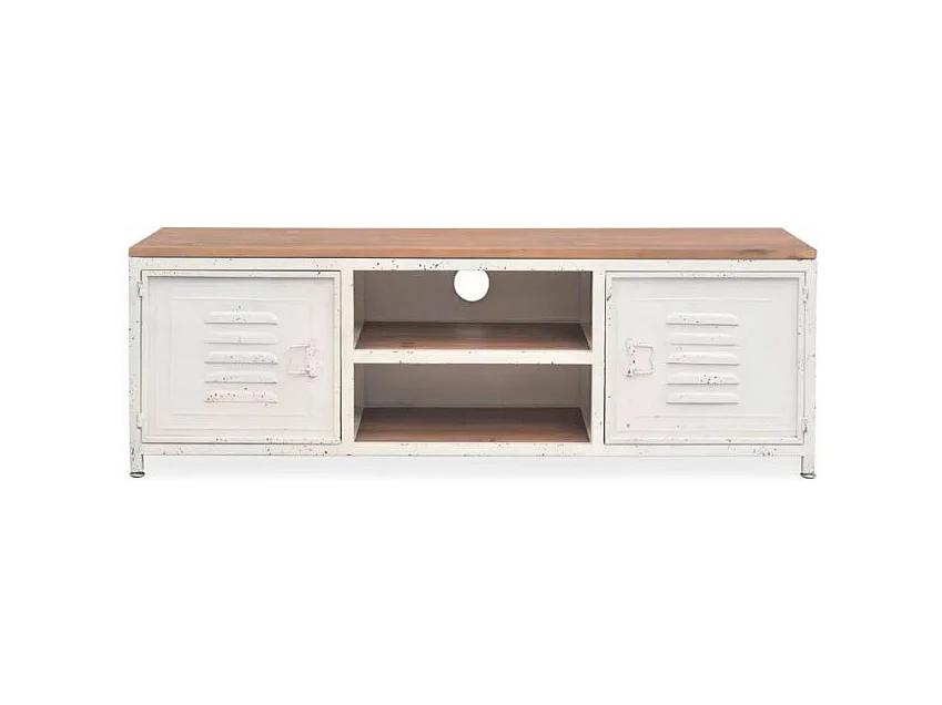 Meuble TV 2 portes 2 niches pin massif clair et métal blanc Kako