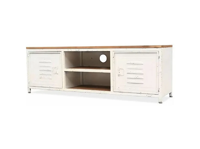 Meuble TV 2 portes 2 niches pin massif clair et métal blanc Kako