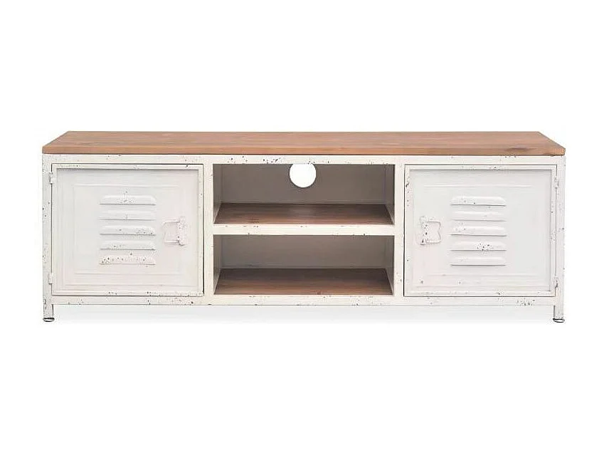 Meuble TV 2 portes 2 niches pin massif clair et métal blanc Kako