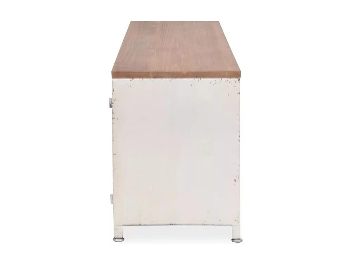 Meuble TV 2 portes 2 niches pin massif clair et métal blanc Kako