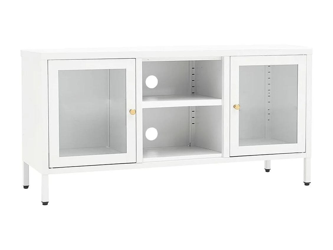 Meuble TV Blanc 105x35x52 Acier et verre