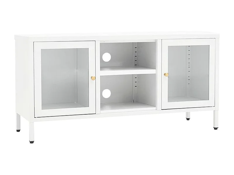 Meuble TV Blanc 105x35x52 Acier et verre