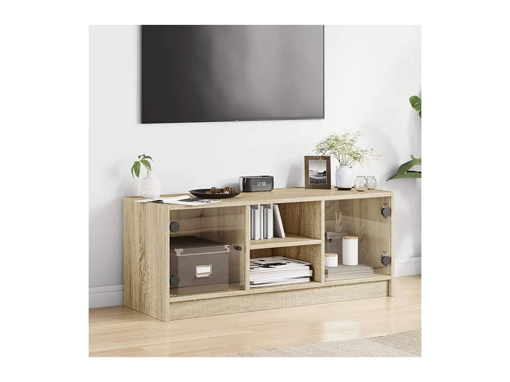 Meuble TV avec portes en verre chêne sonoma 102x37x42