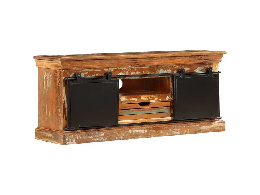 Meuble TV 2 portes 1 tiroir bois massif recyclé et métal noir Bousty